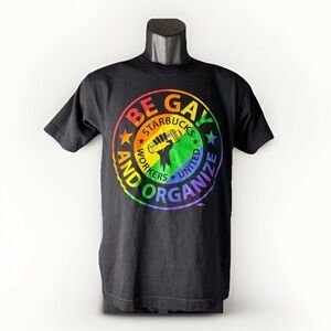 Be Gay And Organize Starbucks Workers United Circle Logo Black Shirt Men’s Sz S